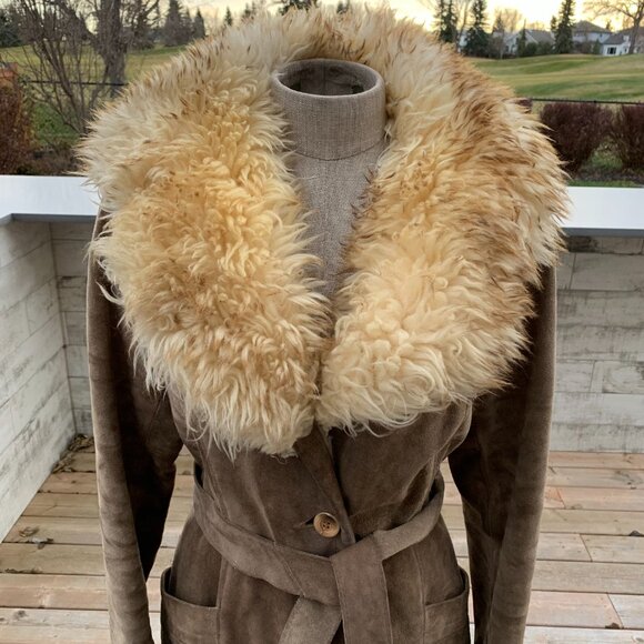 Vintage 70s Sears Suede Penny Lane Coat Faux Fur Collar Lined Belted Overcoat - Picture 2 of 16